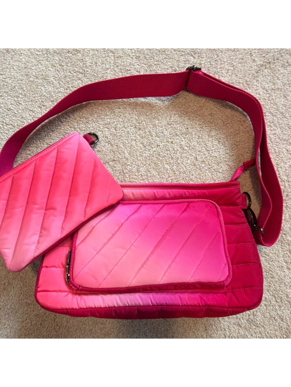Think Royln Bank Street Pink Ombre Quilted Puffer Crossbody Purse Strap Pouch